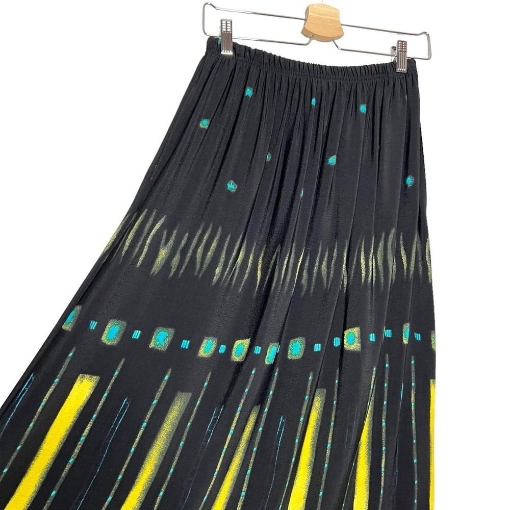 Vintage Nino Wong 100% Rayon Black Teal & Yellow Abstract Print Maxi Ski… - Picture 3 of 13